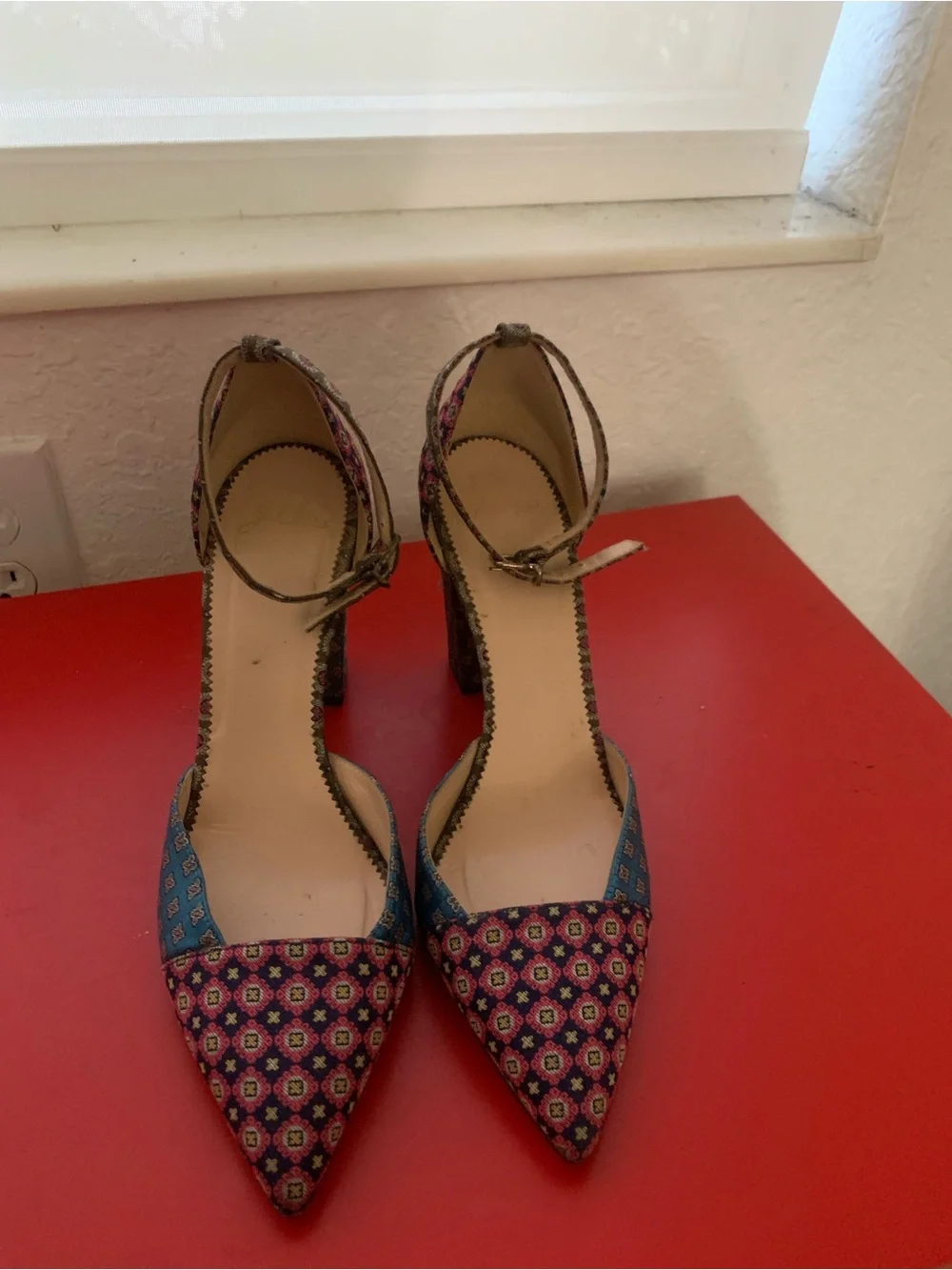 Two-Tone Patterned Ankle-Strap Espadrille Heels in Pink & Blue